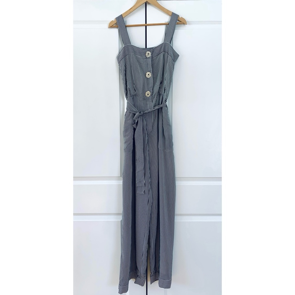 Oscar de la Renta Gray and White Pinstripe Wide-Leg Jumpsuit - Picture 8 of 8